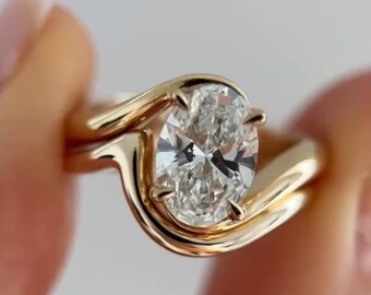 2 Carat Oval Moissanite Engagement Ring Modern Bypass Solid 10k 14k Gold Tension Bezel Set Solitaire