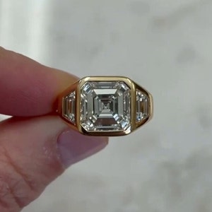 Signet Bezel Set  Asscher Cut 8MM Moissanite Ring, Engagement Ring, 14K Gold Anniversary Gift For Men Designer Wedding Ring, Gift For Him