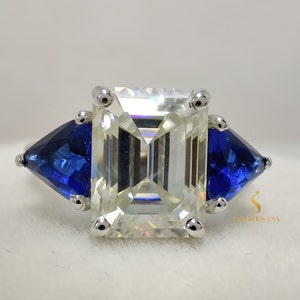 Engagement Ring 2.5 Ct Emerald Cut Moissanite with Blue Sapphire Side Stones – Three Stone Wedding Anniversary Promise Ring