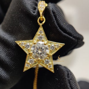 6MM Moissanite Starburst Pendant in 14k Gold – Handmade Antique Sun Star Pendant, Engagement Gift Jewelry