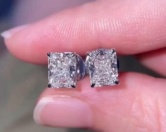 Radiant Cut Moissanite Stud Earrings, 2 Carat Solid Gold Wedding Earrings, Elegant Bridal Jewelry Anniversary For Her