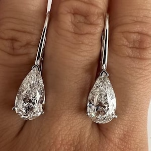 Pear Cut Moissanite Drop Dangle Earrings 2 + 2 CT Tear Drop Leaverback Dangle Earrings 10K White Gold Solitaire Drop Bridal Wedding Earrings