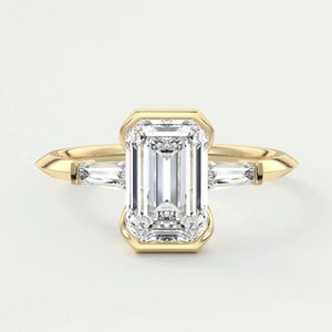 3.50 Ct Emerald Cut Half Bezel Set Tapered Baguette White Lab Grown Diamond Engagement Ring 10k Gold Three Stone Ring