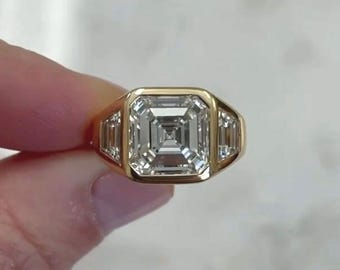 Signet Bezel Set Asscher Cut 8MM Moissanite Ring, Engagement Ring 14K Gold Anniversary Gift For Men Designer Wedding Ring Gift For Him