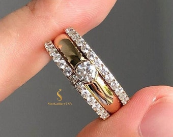 Bridal Set Round Cut Ring & Stackable Band Moissanite Vintage Wedding Set in Solid Gold - Gift for Bride