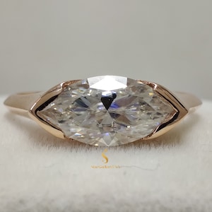 East West 1.35ct Lab Diamond Marquise Engagement Ring Solid Gold Moissanite Ring Solitaire Marquise Cut Ring For Anniversary Gifts For Her