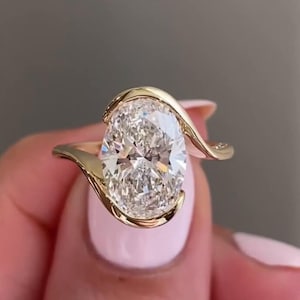 3.50 Carat Oval Bypass Moissanite Engagement Ring in 14k Yellow Gold | Tension Bridal Set with Large Stone & Half Bezel
