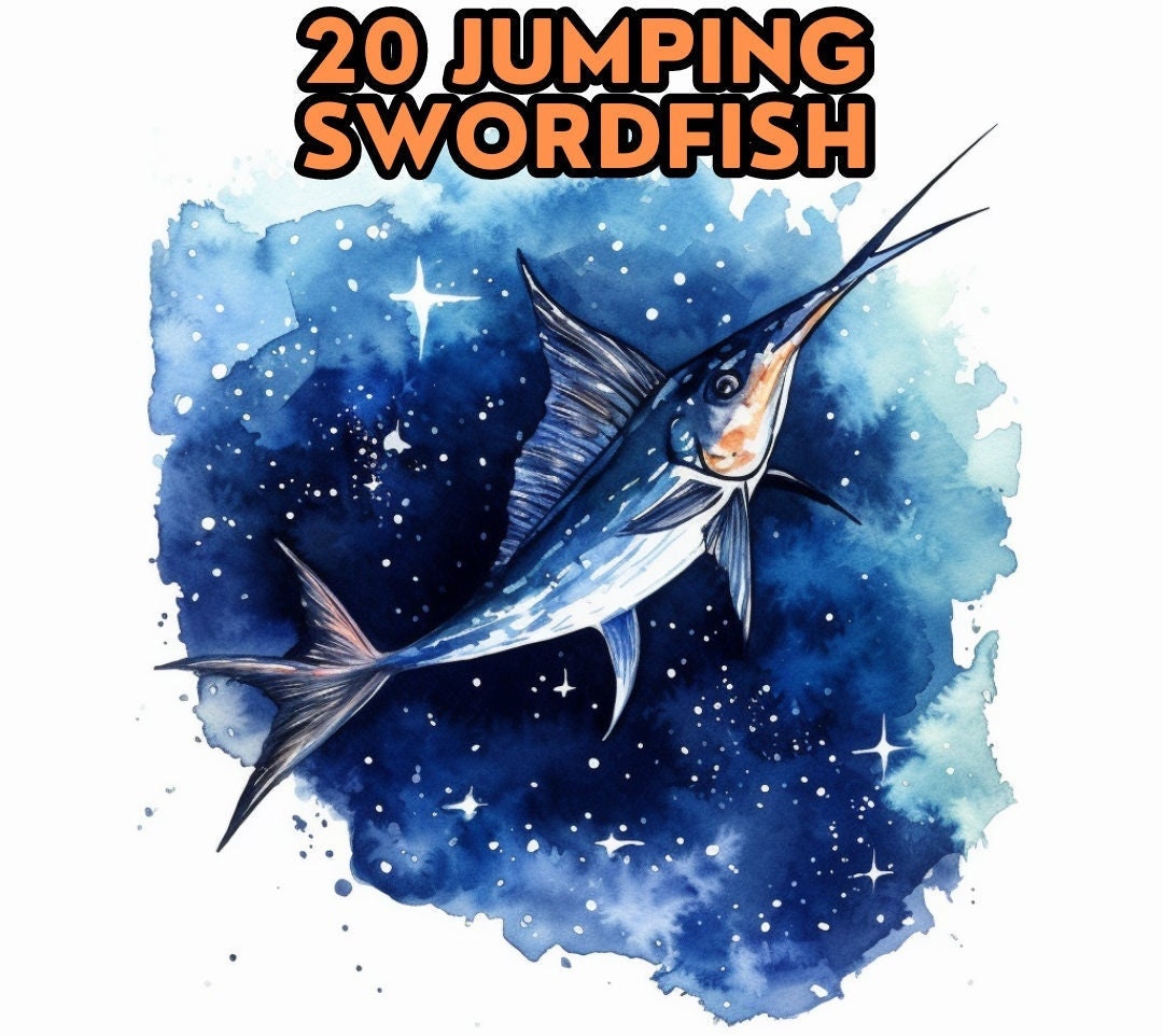 Watercolor Swordfish Clipart Bundle 20 300 DPI PNG Commercial Use