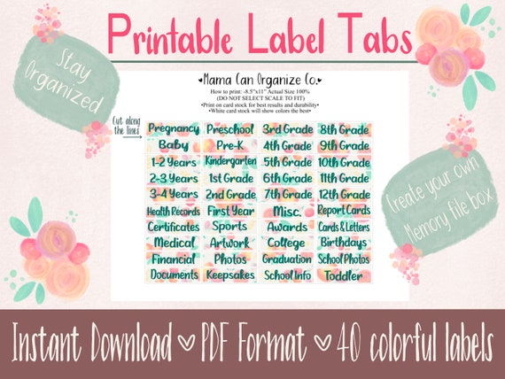 Printable Floral Milestone File Tab Labels School Memory Box - Etsy