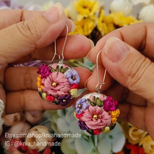 Hand Embroidered Earrings. Ribbon Embroidery Earrings. Handmade Jewelry. Floral Embroidery. Mom best present. Gift For Her