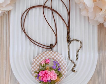 Shabby Chic Floral Embroidery Necklace – Handmade Fabric Pendant – Vintage Style Jewelry