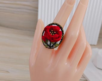 Red Rose Embroidered − Hand-Embroidered Adjustable Ring − Vintage Jewelry − Gift For Her − Women Unique Jewelry