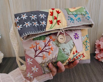 Handmade Embroidered Floral Pouch – Unique Patchwork Purse