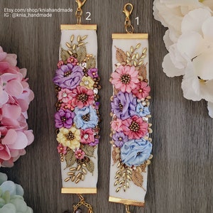Handmade Embroidered Bracelet.  Fabric Cuff Bracelet. Adjustable Bracelet. Floral Bracelet. Gift For Mom. Sister best present
