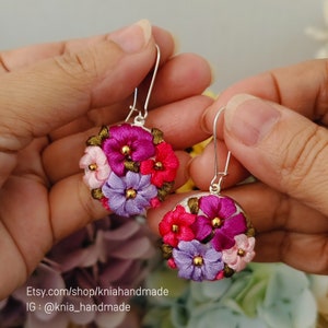 Hand Embroidered Earrings. Ribbon Embroidery Earrings. Handmade Jewelry. Floral Embroidery. Mom best present. Gift For Her