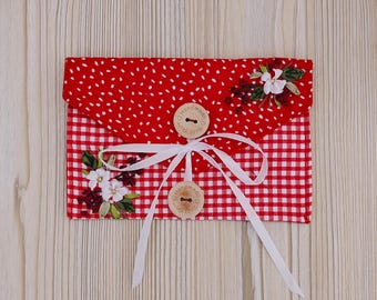 Red Embroidered Cotton Gift Envelope – Multi-Purpose Pouch – Handmade Christmas Gift