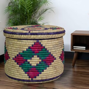 Extra Large Handwoven Storage Basket with Lid, Handwoven Sothwestern Style Storage Basket, Boho Home Decor, Blanket & Toy Storage