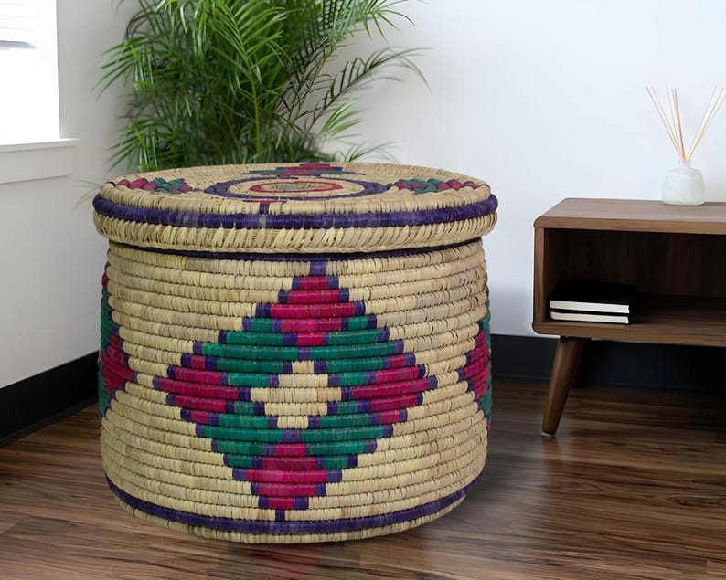 Extra Large Handwoven Storage Basket with Lid, Handwoven Sothwestern Style Storage Basket, Boho Home Decor, Blanket & Toy Storage