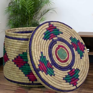 Extra Large Handwoven Storage Basket with Lid, Handwoven Sothwestern Style Storage Basket, Boho Home Decor, Blanket & Toy Storage