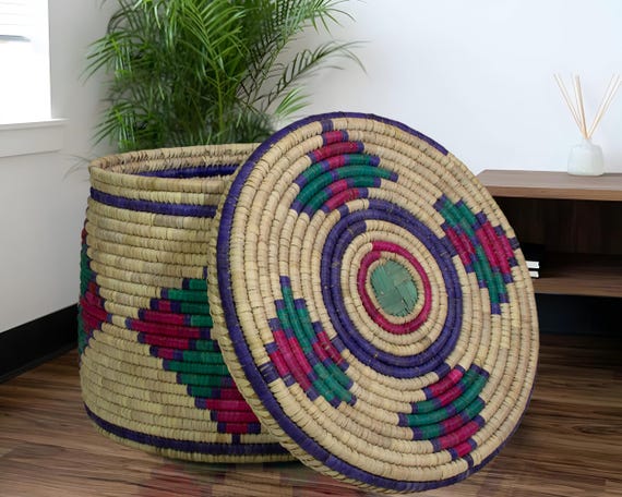 Extra Large Four Corners Giant Storage Basket with Lid, Handwoven Storage Basket, Boho Home Decor, Eco-Friendly Blanket & Toy Storage