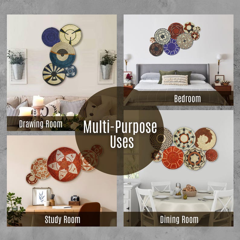 May include: A collage of four interior scenes displaying various circular woven wall baskets in different colors and patterns. The text Multi-Purpose Uses is centered over the images, which show the baskets arranged on walls in a drawing room, bedroom, study room, and dining room.