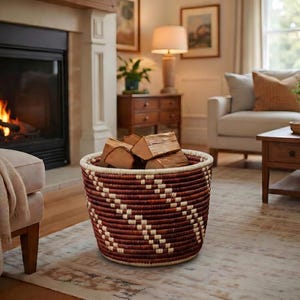 Handwoven Planter Basket | 12 Inch Burgundy Cross Diamond Coiled Plant Pot | Boho Indoor Planter | Housewarming Plant Gift | Rich Home Decor