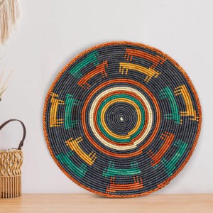 Handwoven Dogs Wall Basket - 14” Southwestern Inspired Basket, Boho Wall Decor, Basket Wall Decor, African Wall Hanging Basket