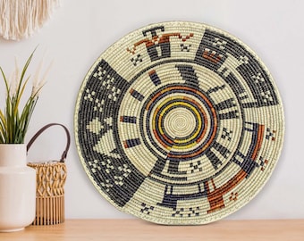 Handwoven Story Teller Wall Basket - 14” Southwestern Inspired Basket, Boho Wall Decor, Basket Wall Decor,  African Wall Hanging Basket