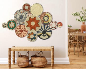 Boho Wall Basket Decor Set of 13, Bohemian Wall Hanging, Unique Wall Basket Decor, Woven Seagrass Baskets,  Living Room & Bedroom Wall Art