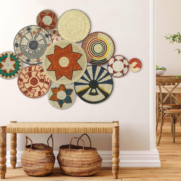 Boho wanddecoratie mand set van 13, boho wanddecoratie, uniek wanddecoratie mand, geweven manden zeegras, muurkunst woonkamer en slaapkamer