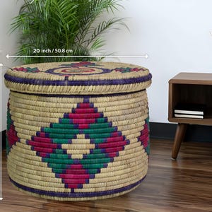 Extra Large Handwoven Storage Basket with Lid, Handwoven Sothwestern Style Storage Basket, Boho Home Decor, Blanket & Toy Storage