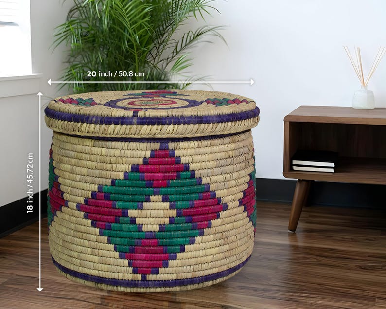 Extra Large Handwoven Storage Basket with Lid, Handwoven Sothwestern Style Storage Basket, Boho Home Decor, Blanket & Toy Storage