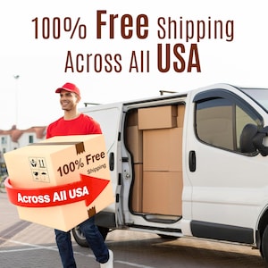 May include: A white delivery van with an open side door revealing stacked cardboard boxes. A person in a red shirt and cap carries a large cardboard box with a red arrow graphic and the text 100% Free Shipping Across All USA.