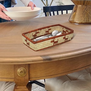 Cesta de colher feita à mão, organizador de mesa de jantar, cesta tradicional para cozinha, cesta de pão, decoração de mesa boho, porta-talheres, bandeja de colher