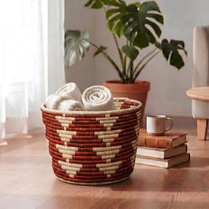 May include: A round woven basket featuring a geometric pattern in deep rust-red and cream colors. The basket is filled with several rolled-up cream-colored textile items, likely blankets or towels, which are visible protruding from the top opening.