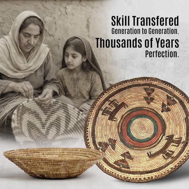May include: A round, hand-woven basket featuring a coiled design with natural tan, brown, and teal geometric patterns. The text "Skill Transferred Generation to Generation. Thousands of Years Perfection." is displayed above the basket.