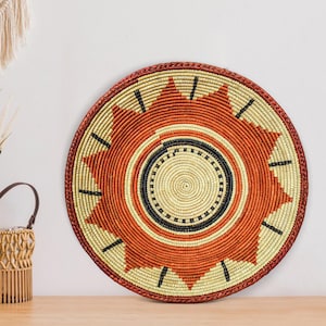 Handwoven Sunflower Wall Basket - 14” Southwestern Inspired Basket, Boho Wall Decor, Basket Wall Decor, African Wall Hanging Basket