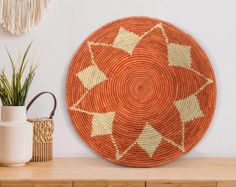 Handwoven Orange Lotus Basket - 14” Southwestern Inspired Basket, Boho Wall Decor, Basket Wall Decor, African Wall Hanging Basket