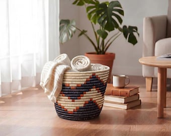 Handwoven Planter Basket | 12 Inch Zigzag Coiled Plant Pot Cover | Southwestern Boho Indoor Planter | Plant Gift | Earthy Home Decor