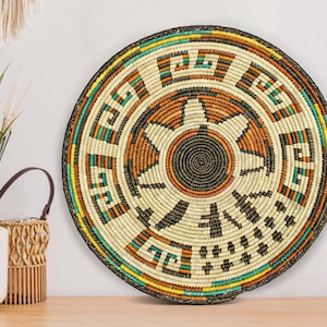 Handwoven Yolk Wall Basket - 14” Southwestern Inspired Basket, Boho Wall Decor, Basket Wall Decor, African Wall Hanging Basket