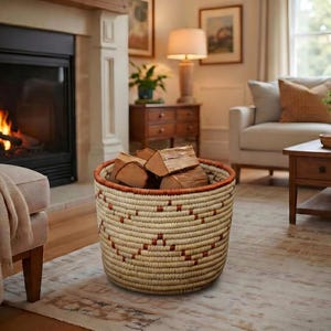 May include: A round, woven basket made of light-colored natural fibers with a reddish-brown rim and a repeating geometric pattern in the same reddish-brown hue. The basket is filled with several pieces of split, light-brown firewood logs.