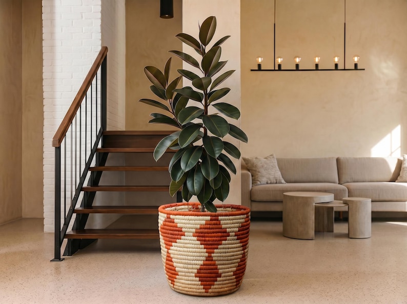 Panier à plantes tissé à la main | Grande jardinière ouverte à motif croisé | Cache-pot en feuille de palmier | Organiseur de bureau | Décoration d'intérieur naturelle écologique artisanale