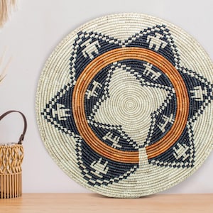 Handwoven Guarded Wall Basket - 14” Southwestern Inspired Basket, Boho Wall Decor, Basket Wall Decor, African Wall Hanging Basket