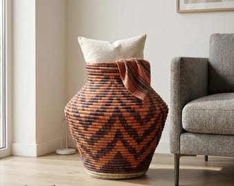 Large Handwoven Potter Basket | Dense Chevron Repeat | Palm Leaf Floor Storage Planter | Warm Tribal Boho Decor | Rich Home Statement Gift