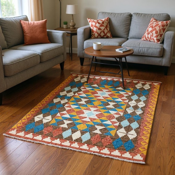 7 x 5 handgeknoopt wollen vloerkleed | Middelpolig veelkleurig tribal geometrisch tapijt | Roestblauwgele zuidwestelijke boho-woonkamerdecoratie