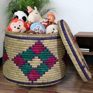 Extra Large Handwoven Storage Basket with Lid, Handwoven Sothwestern Style Storage Basket, Boho Home Decor, Blanket & Toy Storage