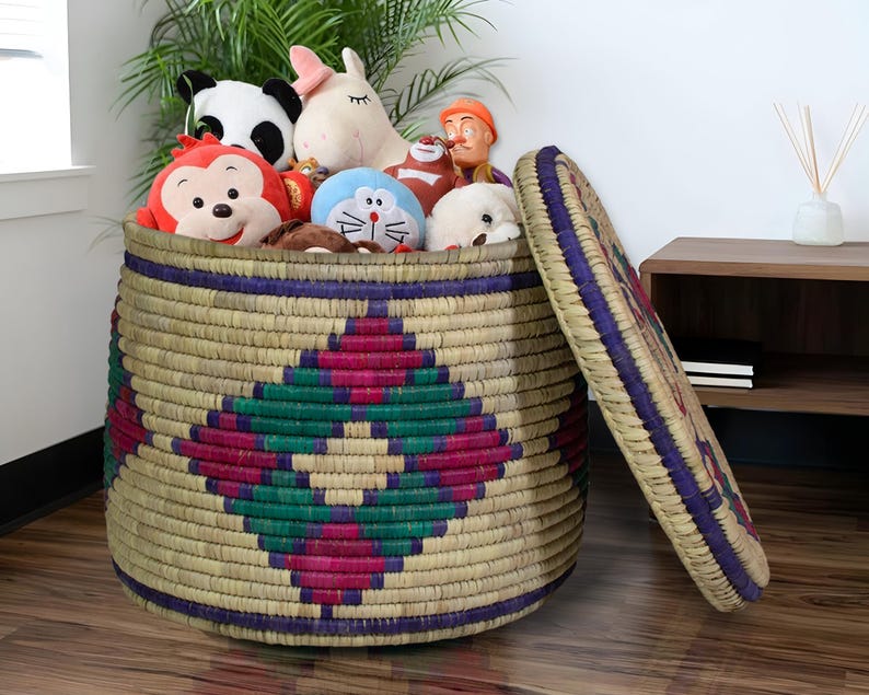 Extra Large Handwoven Storage Basket with Lid, Handwoven Sothwestern Style Storage Basket, Boho Home Decor, Blanket & Toy Storage