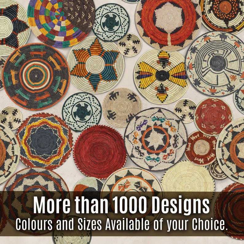 May include: A collection of round, woven wall baskets featuring diverse geometric patterns in red, orange, yellow, blue, black, and natural tan. The image includes the text: More than 1000 Designs Colours and Sizes Available of your Choice.