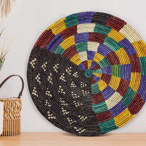 Handwoven Rainbow Night Wall Basket - 14” Southwestern Inspired Basket, Boho Wall Decor, Basket Wall Decor, African Wall Hanging Basket
