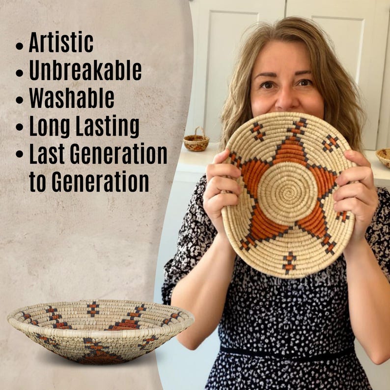 May include: A round, shallow woven basket featuring a prominent orange star pattern against a natural beige background, with black accents. Text on the left reads: Artistic, Unbreakable, Washable, Long Lasting, Last Generation to Generation.